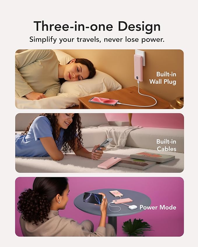 VRURC Portable Charger Power Bank - 10000mAh Fast Charging 22.5W PD 20W Portable Charger with Built in Cables, Portable Charger with Cords External Charger Travel Accessories-Pink