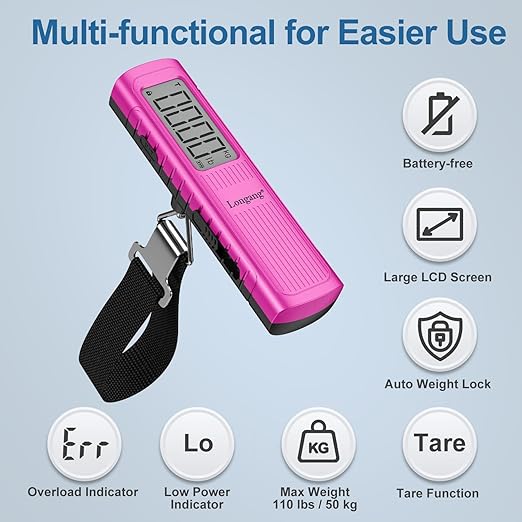Battery-Free Digital Luggage Scale, 110lbs/50kg Portable Handheld Hanging Scale for Luggages, Suitcases, Backpacks & Bags, Easy Weighing for Travel, No Need Batteries (Pink)