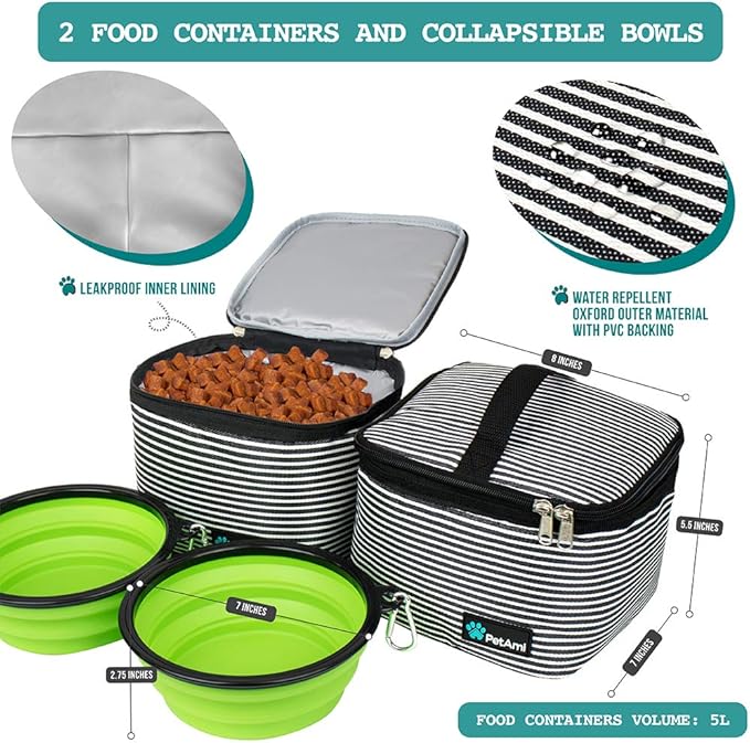 PetAmi Dog Travel Bag, Travel Pet Bag Organizer, Dog Food Travel Bag with Container Collapsible Bowls, Pet Travel Supplies Gift Accessories Weekend Camping, Puppy Cat Diaper Bag, Stripe Black Large