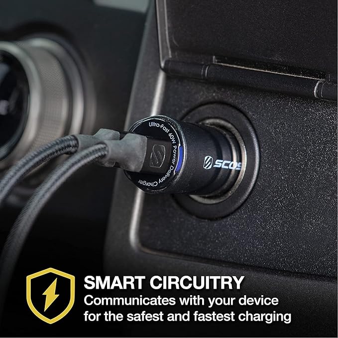 Scosche CPDCC60 PowerVolt 60W Certified Dual USB Type-C + Type-C Fast Car Charger Power Delivery 3.0 with PPS for All USB-C Devices
