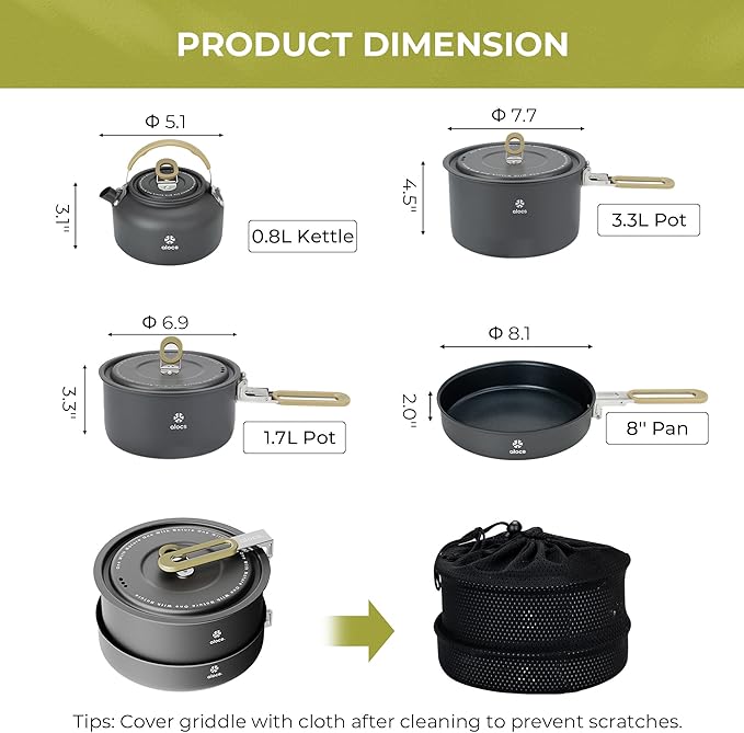 Alocs Camping Cookware Set - Lightweight Camping Pots and Pans - Portable Outdoor Cookware with Kettle - Camping Cookware Mess Kit for 2