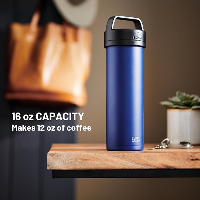 ESPRO Go P0 Ultralight French Press Coffee Maker for Travel, Vacuum Insulated Stainless Steel, 16 Ounces, Blue