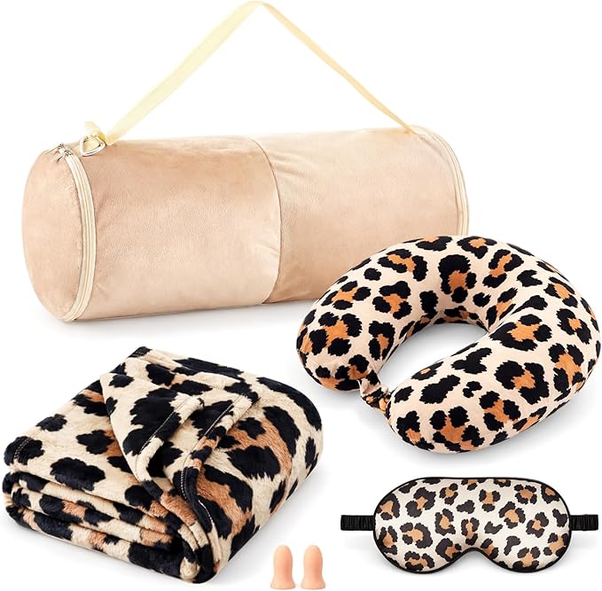 HunnmingRe 5 Pcs Travel Pillow and Blanket Set, 5 in 1 Travel Airplane Compact Includes 40 x 60 Inch Throw Blanket Eye Mask Neck Pillow Earplug and Bag Gifts for Travelers Women(Leopard Print,Brown)