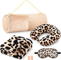HunnmingRe 5 Pcs Travel Pillow and Blanket Set, 5 in 1 Travel Airplane Compact Includes 40 x 60 Inch Throw Blanket Eye Mask Neck Pillow Earplug and Bag Gifts for Travelers Women(Leopard Print,Brown)