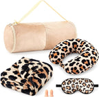 HunnmingRe 5 Pcs Travel Pillow and Blanket Set, 5 in 1 Travel Airplane Compact Includes 40 x 60 Inch Throw Blanket Eye Mask Neck Pillow Earplug and Bag Gifts for Travelers Women(Leopard Print,Brown)