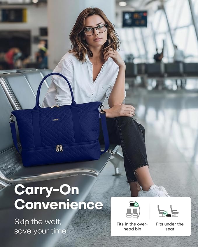 HOTOR Travel Duffel Bag - Weekender Bags for Women, Gym Tote Bags with Shoe Compartment, Carry On Overnight Bag with Toiletry Bag for Travel Essentials Travel Accessories, Dark Blue, 13.4"×17.3"×7.9"