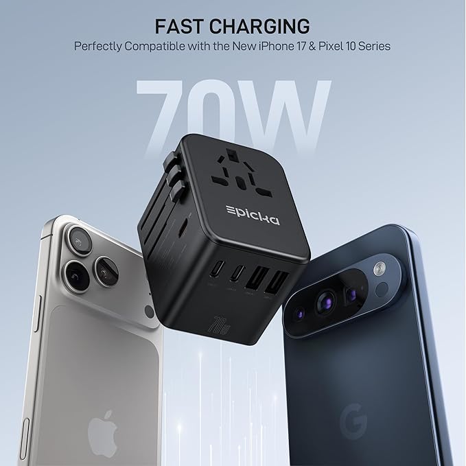 EPICKA Universal Travel Adapter, GaN International Plug Adapter with 3 USB-C 70W PD Fast Charging & 2 USB-A Adaptor All-in-one Wall Charger for USA EU UK AUS (TA-105 Pro, Black)