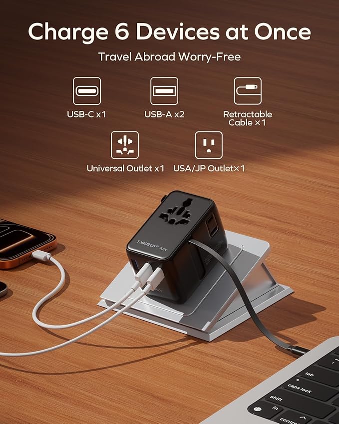 MOMAX 70W Universal Travel Adapter, 6-in-1 International Power Adapter with USB-C Retractable Cable, Dual-AC Plug Adapter PD Fast Charging Worldwide Wall Charger for US/UK/EU and Over 200 Countries