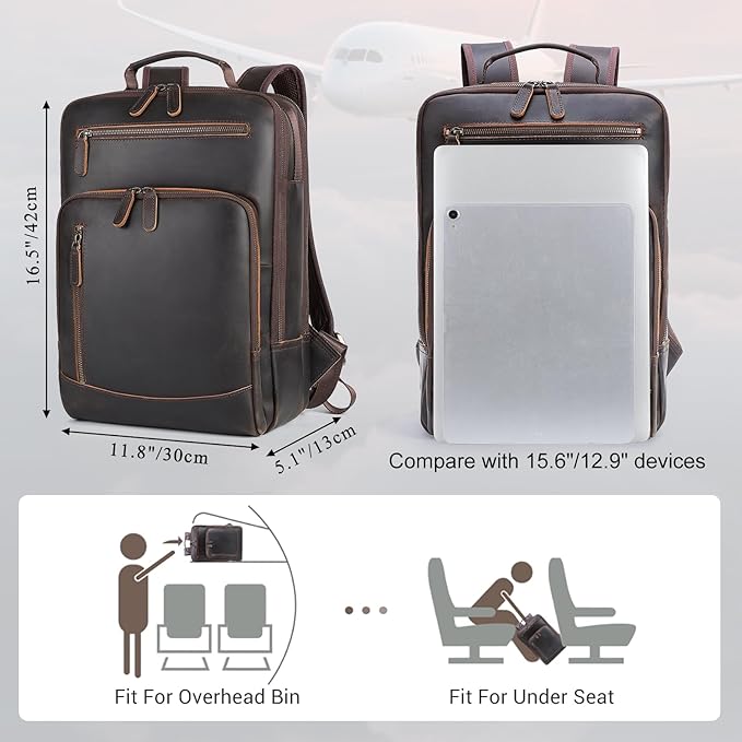 TIDING Full Grain Leather Laptop Backpack for Men, Vintage 15.6 Inch Computer Work Bag College Business Casual Daypack