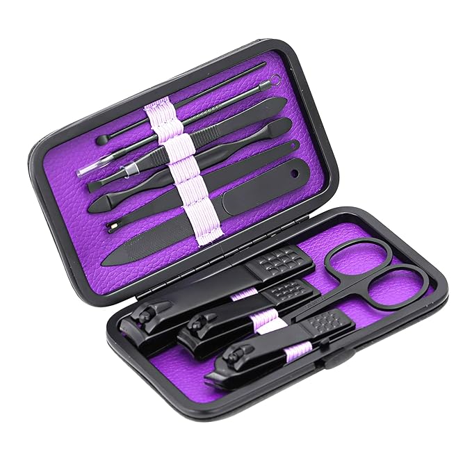 Glamne Manicure Set Nail Clippers Kit Professional Stainless Steel Nail Care Tools with Leather Travel Case 10 in 1 Purple