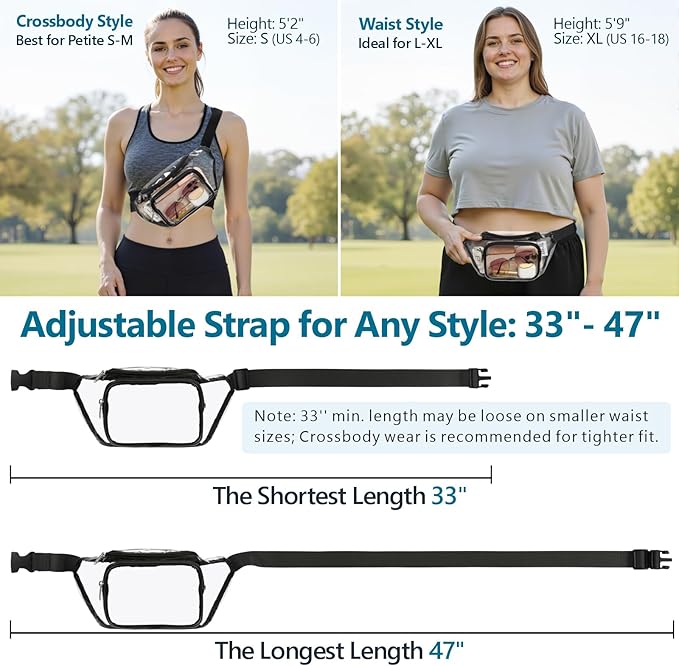 Veckle Clear Fanny Pack Stadium Approved - Adjustable 33-47 Inch Strap, Transparent Belt Bag for Women Men Fits 7.5-inch Smartphone, Waist Bag Clear Bag for Stadium Events, Sport, Concerts, Black