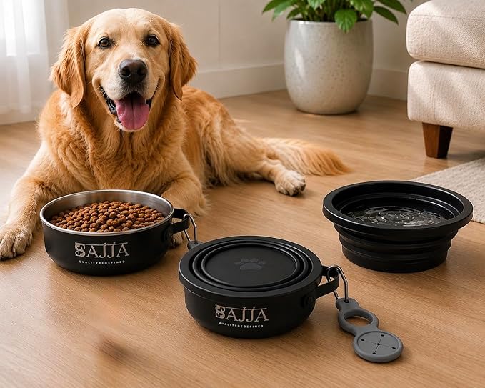 3-in-1 Travel Dog & Cat Bowl – Collapsible BPA-Free Silicone & 18/8 Stainless Steel, Portable & Non-Slip with Handle, Easy to Clean, Food & Water Bowl for On-the-Go Pets, Bottl/Poop Bag Holder