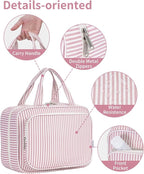 Narwey Striped Travel Toiletry Bag for Women Large Hanging Makeup Bag Organizer Toiletries Bag for Full Size Essentials Accessories Cosmetics (Dusty Pink Stripe (Large))