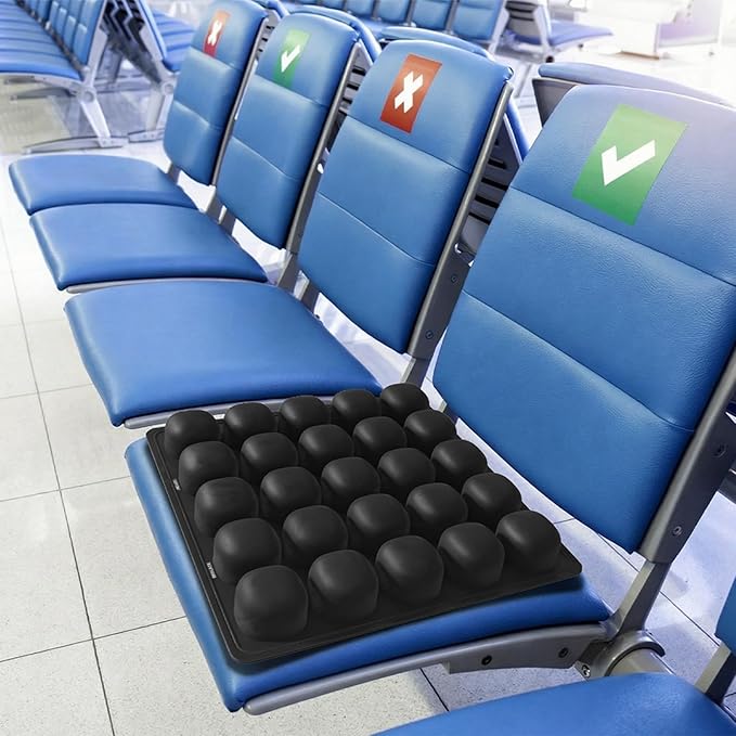 Inflatable Travel Seat Cushion for Airplane - Portable Air Pad with Built-in Pump for Long Haul Flight Essentials - Ergonomic Tailbone & Sciatica Pain Relief, Non-Slip, 15.7x15.7, Black
