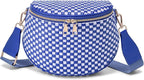 Trendy Woven Checkered Crossbody Bum Bag for Women，PU Leather Checkered Purse Fanny Packs Belt Bag (Woven Bum Bag - Rainbow Blue White)