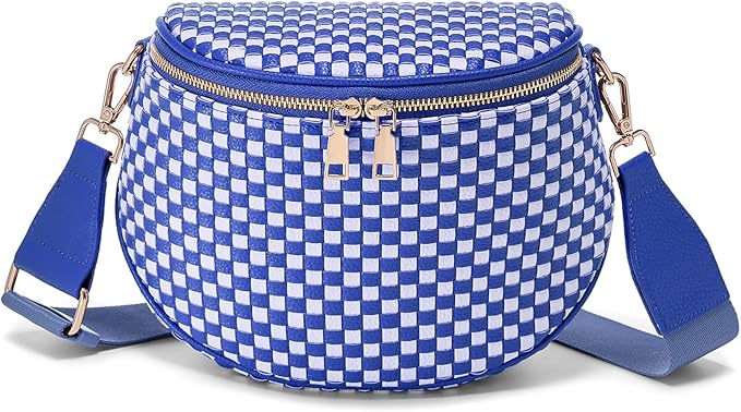 Trendy Woven Checkered Crossbody Bum Bag for Women，PU Leather Checkered Purse Fanny Packs Belt Bag (Woven Bum Bag - Rainbow Blue White)