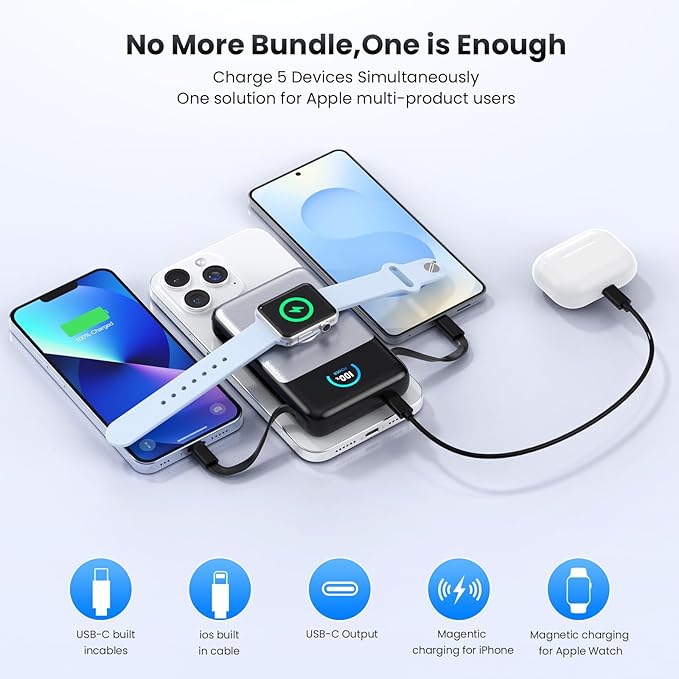 Magnetic Portable Charger 10800mAh with Built-in Cables, 15W Wireless Power Bank for Magsafe,30W PD Fast Charging USB-C Travel Essential Battery Pack for iPhone 17/16/15/14/13/12 Series