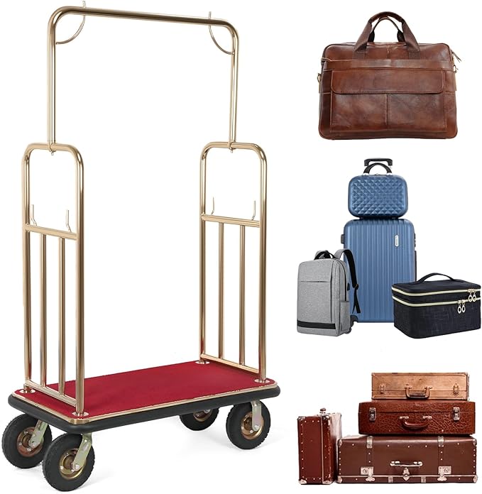Generic Hotel Luggage Cart 39Lx19Wx68H Inch Baggage Lobby Cart Up to 881LBS 8-inch Silent Rubber Casters Carpet Deck Bumper Rails Guest Room Trolley Add Elegance to Hotel&Resort