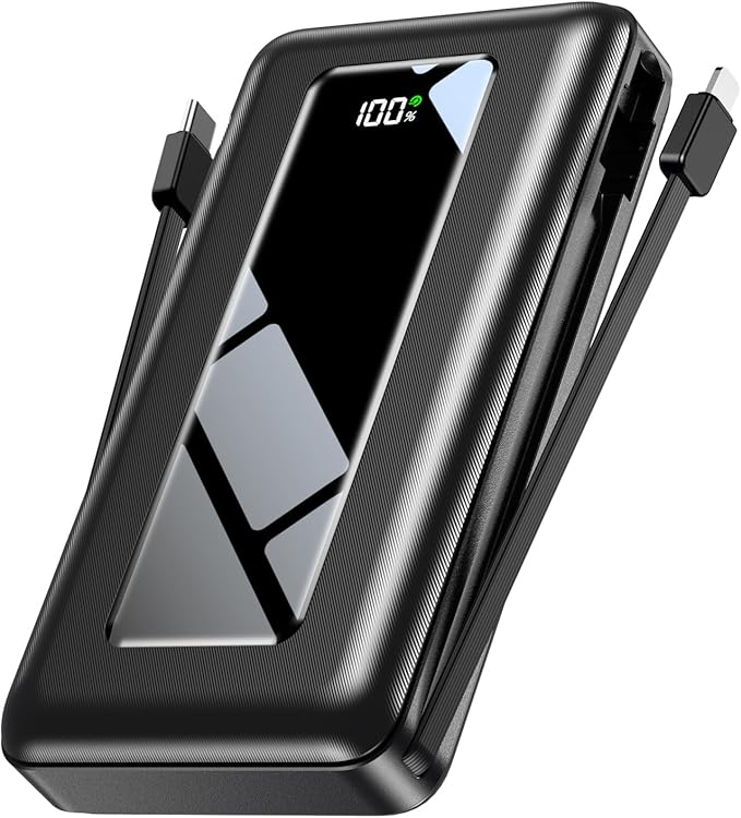 Power Bank, 50000mAh Travel Camping Essential Portable Charger with Built-in USB-C & iOS Cable, 22.5W PD Fast Charging Battery Pack, for iPhone 17/16/15, MacBook, Samsung – Dark Black