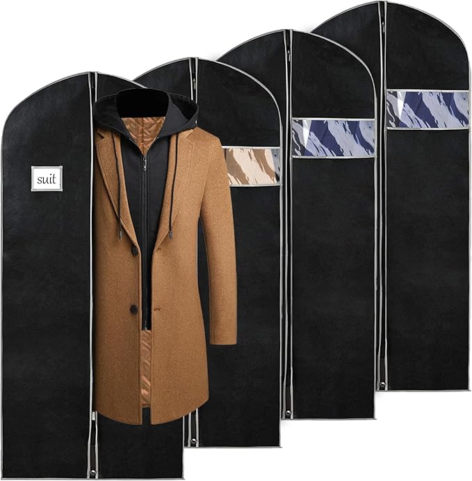 Syeeiex 60'' Dress Bags for Gowns, Set of 4 Garment Bag for Hanging Clothes, Dress Garment Bag, Dustproof and Keep Closet Tidy, Perfect for Suit Evening Dresses Fur Coat Long Dress Gown(Black&Grey)