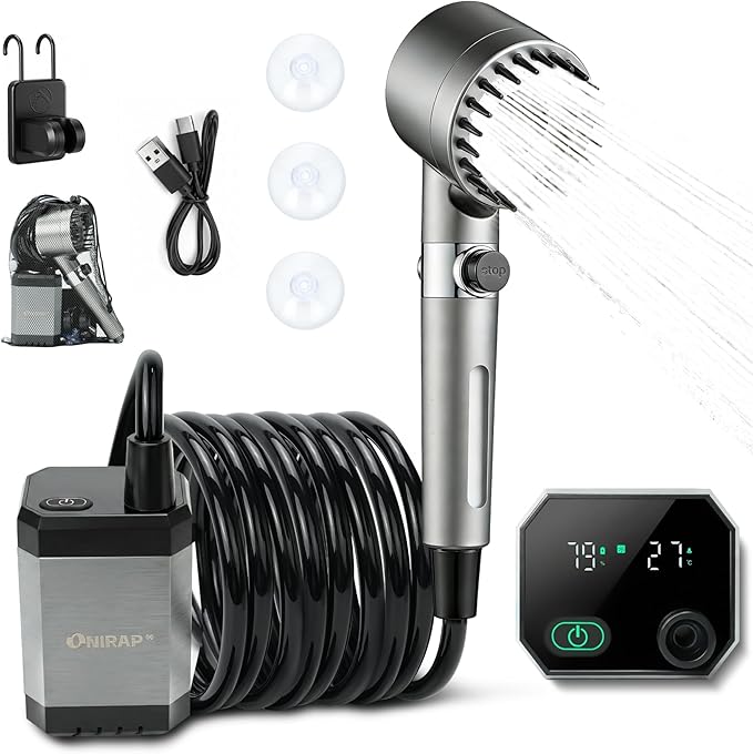 Portable Shower for Camping, Filtered Camping Shower, IPX8 Waterproof，6000mAh Rechargeable Outdoor Camp Shower Pump with LED Display, 4 Spray Modes for Hiking, Travel, Pet