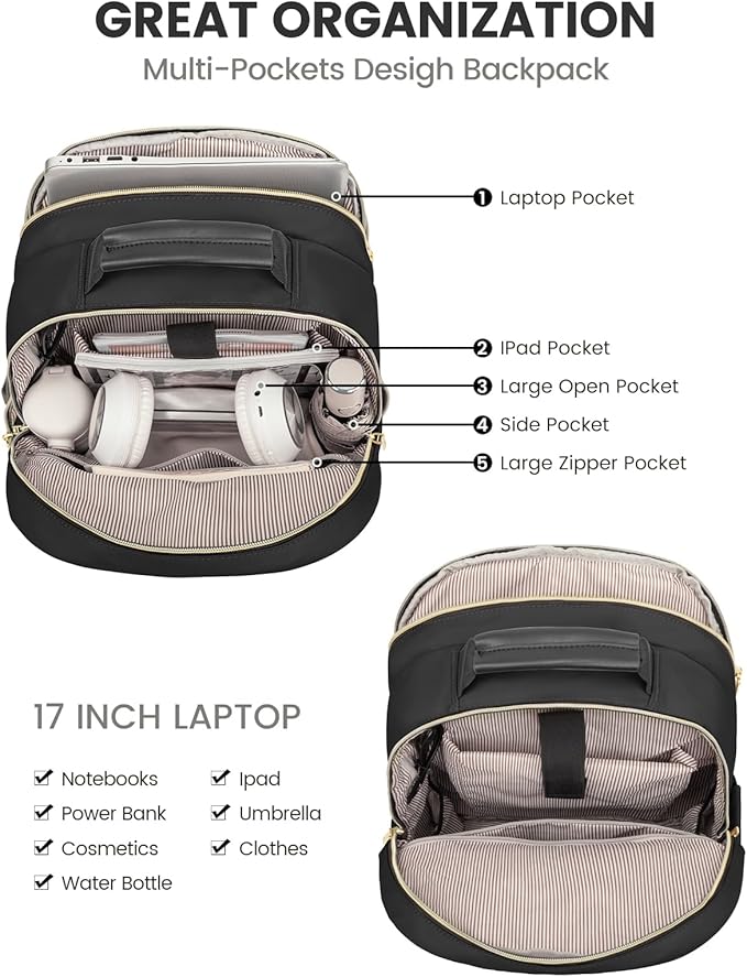 LOVEVOOK Laptop Backpack for Women, Travel Computer Work Bags with 17-inch Laptop Compartment, College School Student Bag Teen Backpacks For Girls, Hiking Outdoor Carry On Backpack Purse, Black