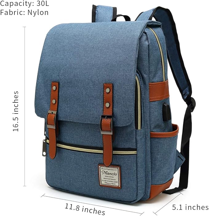 Mancio Slim Vintage Laptop Backpack For women,Men For Travel, College, Dayparks, Fits up to 15.6Inch Notebook in Blue