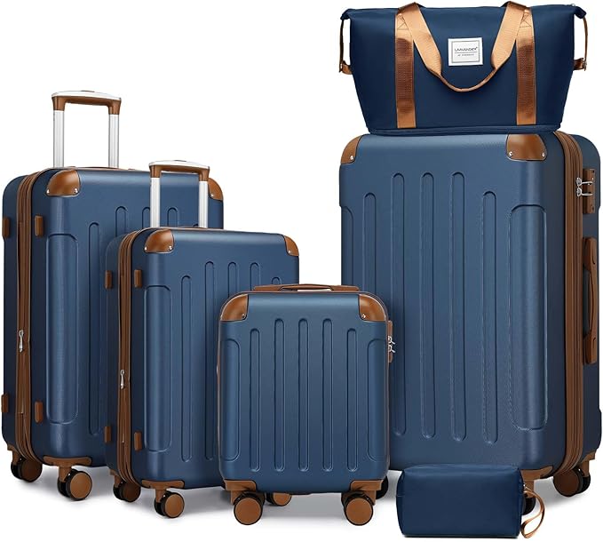 6 Piece Luggage Sets with Bags, Lightweight Expandable Checked Luggage Sets, Hardshell ABS Spinner Wheels Carry on Suitcase with TSA Lock, for Travel, Women Men (Navy Blue, 18/20/24/28inch+2bags)