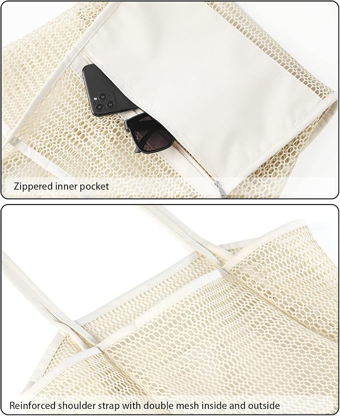 Iioscre Beach Bag for Women, Causal Hobo Pool Bags with Zipper Inner Pocket, Foldable Swim Tote Bag for Vacation Essentials