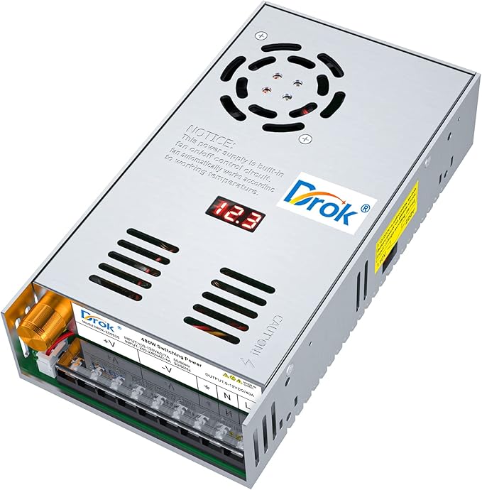 DROK 12V Power Supply, AC 110V 220V to DC 0-12V 40A 480W Buck Converter, Adjustable Variable LED Adapter Regulated 5V 6V 9V 12Volt Voltage Transformer 10A 20A 30A 40Amp Charger for Lab CCTV