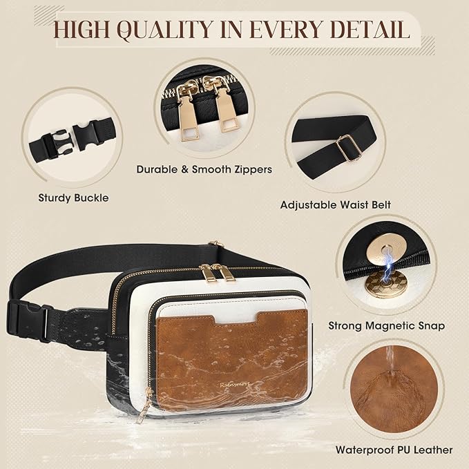 RAINSMORE Fanny Packs for Women, Leather Belt Bag Waterproof Everywhere Crossbody Waist Pack with Adjustable Strap Retro Sling Chest Bag for Work Running Travel Party, Black and Brown with White