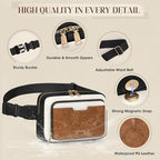 RAINSMORE Fanny Packs for Women, Leather Belt Bag Waterproof Everywhere Crossbody Waist Pack with Adjustable Strap Retro Sling Chest Bag for Work Running Travel Party, Black and Brown with White