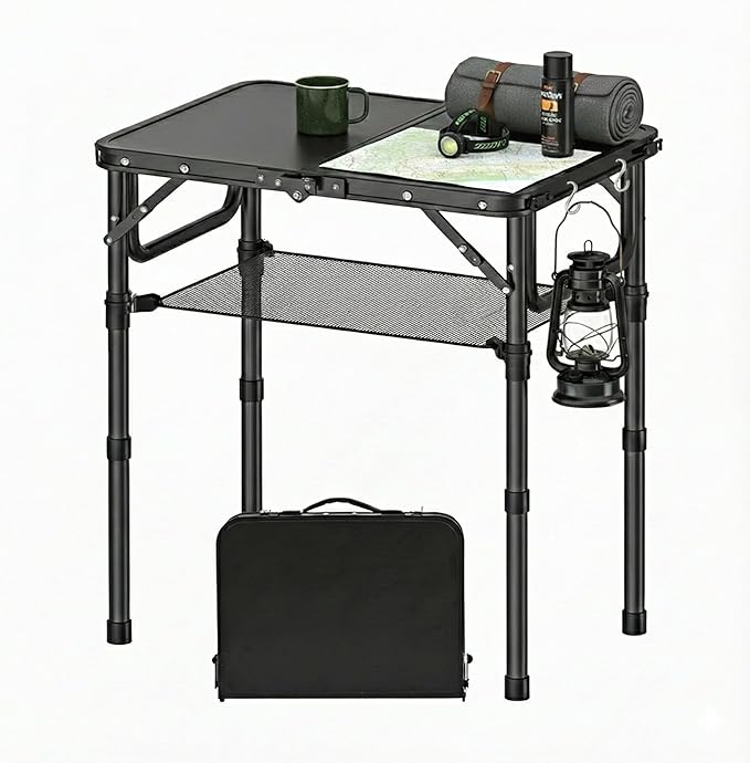 YihuiKo Small Folding Camping Table with Storage Net, 3 Adjustable Heights Foldable Table Lightweight & Portable with Carry Handle for Outdoor Indoor, Pure Black