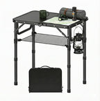 YihuiKo Small Folding Camping Table with Storage Net, 3 Adjustable Heights Foldable Table Lightweight & Portable with Carry Handle for Outdoor Indoor, Pure Black