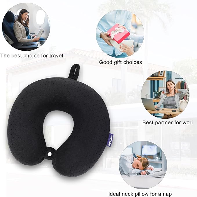 Black Travel Neck Pillow Memory Foam Airplane Pillow for Neck and Head Support Soft Portable U Shape Neck Pillow for Plane, Car & Home Office Use