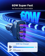 SUNDA 60W USB C Fast Car Charger, 4-Ports Car Charger Adapter, Dual Type C PD30W/PPS30W Compatible with iPhone17/16 Pro/Max/iPhone15/Galaxy/SamsungS25, Dual USB-A 18W QC3.0 for Android(Blue)