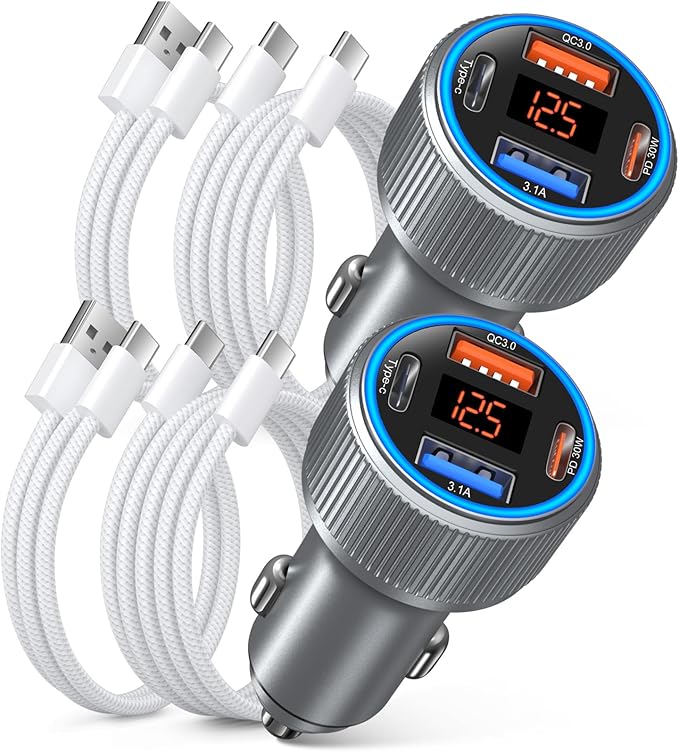 USB C Car Charger, 65W 4-Port 12V USB Car Power Cigarette Lighter Adapter with Voltage Display QC/PD 3.0 Super Fast Charge Type C Car Charger for iPhone 17 16e 15 Pro Max Air Pad Pro+4 Pack C Cords