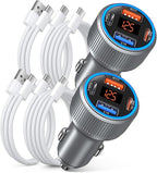 USB C Car Charger, 65W 4-Port 12V USB Car Power Cigarette Lighter Adapter with Voltage Display QC/PD 3.0 Super Fast Charge Type C Car Charger for iPhone 17 16e 15 Pro Max Air Pad Pro+4 Pack C Cords