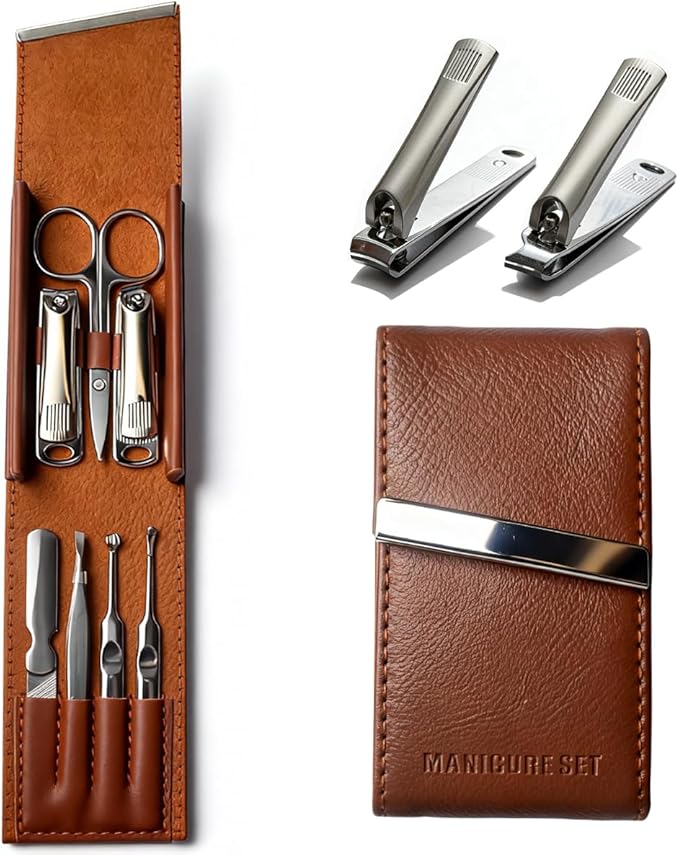 Nail Clippers Set 7 Pcs, Stainless Steel Toenail & Fingernail Clipper Set, Portable Travel Mens Nail Cutter, Manicure Grooming Kit for Men, Women, Gift Ideas (Brown)
