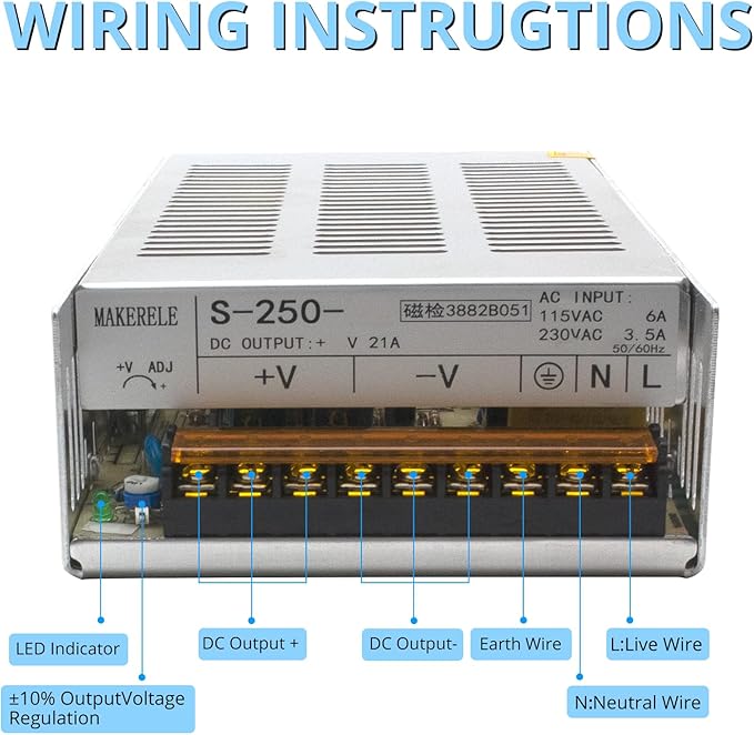 MK-SMPS-S250-24 MAKERELE DC 240W Power Supply Switching Converter, AC 110V-220V to DC 24V Transformer Driver Adapter, Universal Regulated Switching 10A for Strip 3D Printer CCTV Camera Motor Pump