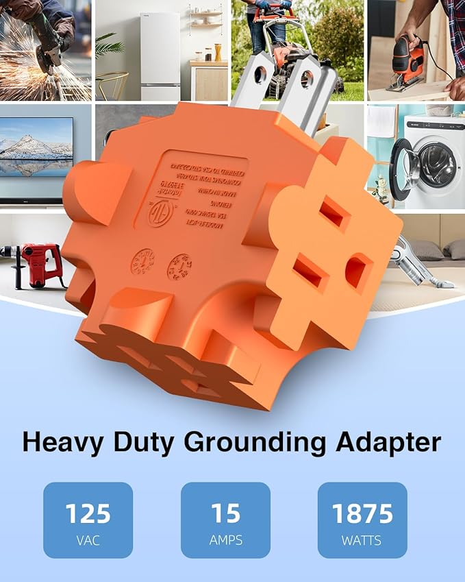 K KASONIC - 3-Outlet Grounding Adapter, Multiple Plug Outlet Extender, Power Splitter, [ETL Listed] Heavy-Duty Grounded Power Tap - 4 Pack, Orange