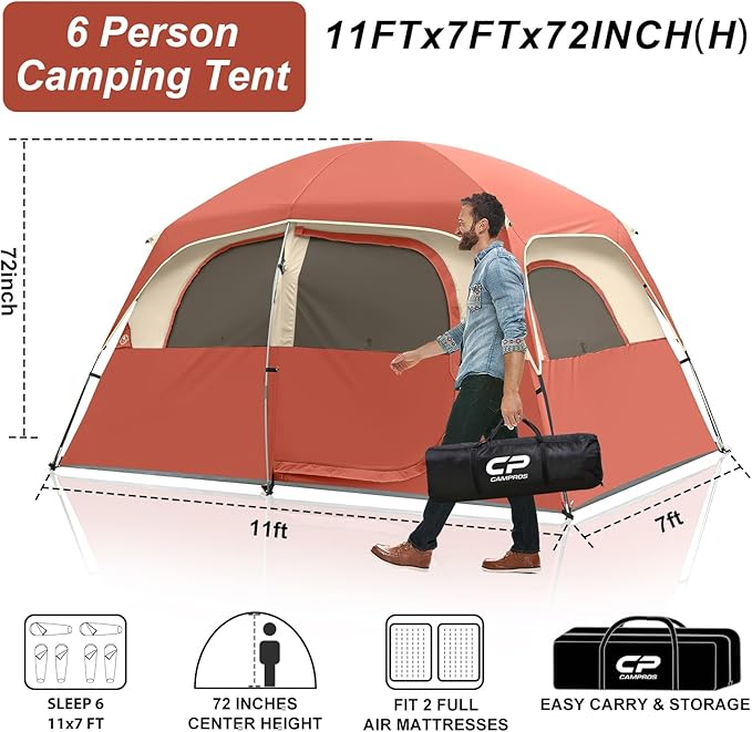 CAMPROS CP Upgraded 6/8 Person Camping Tents, Waterproof Windproof Family Tent with Larger Mesh Windows & Door, Double Layer, Easy Set Up, All-Season Dome Tent with Top Rainfly & Carry Bag