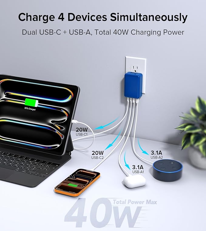 [2-Pack] Flat USB C Wall Charger,40W Fast USB C Charger Block,4-Port PD Power Adapter +QC Wall Plug Multiport Type C Charging Block Cube Compatible with iPhone 17 16 15 14 13 12 Pro Max XR XS 8(Blue)