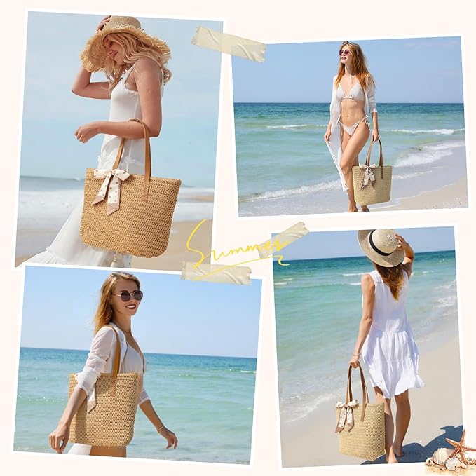 Trifabricy Beach Bags for Women, Large Straw Beach Bag, Beach Tote Bag Shoulder Handbags, Straw Bag Beach Purse for Summer
