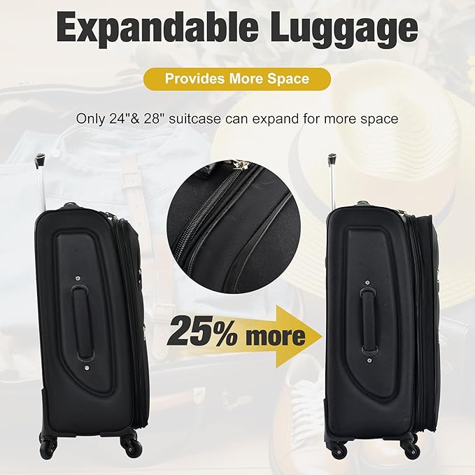 Lightweight Expandable Softside Luggage Sets 3 Piece, Large Capacity Travel Suitcase with Spinner Wheel, TSA Lock, Easy Access Design and Adjustable Telescoping Handle (Black)