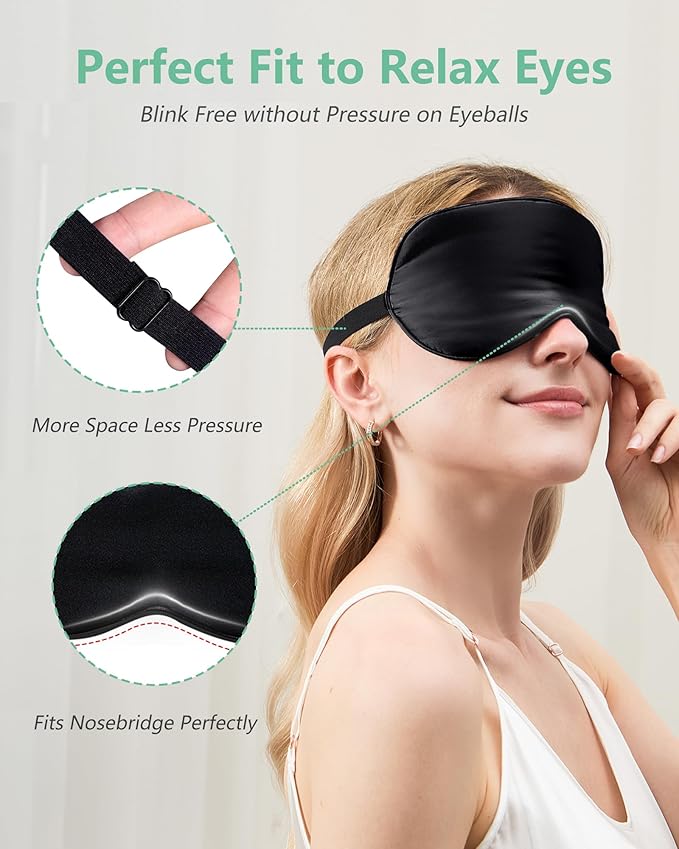 BeeVines 100% Real Mulberry Silk 2 Pack Sleep Mask, Pure Silk Eye Masks with Adjustable Strap for Sleeping, 100% Block Light Eye Shade Cover, Reduces Puffy Eyes Traveling Gifts(Black & Ruby Purple)