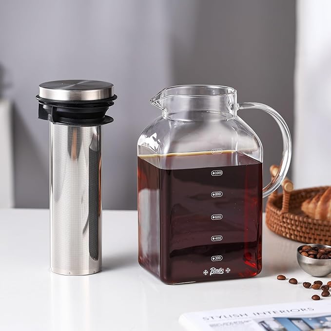 Bincoo Cold Brew Coffee Maker 40oz, Iced Coffee & Tea Brewer with 600-Mesh Fine Filter for Low Acid Smooth Taste, Square Glass Pitcher Fits Fridge Door, Dishwasher Safe Carafe