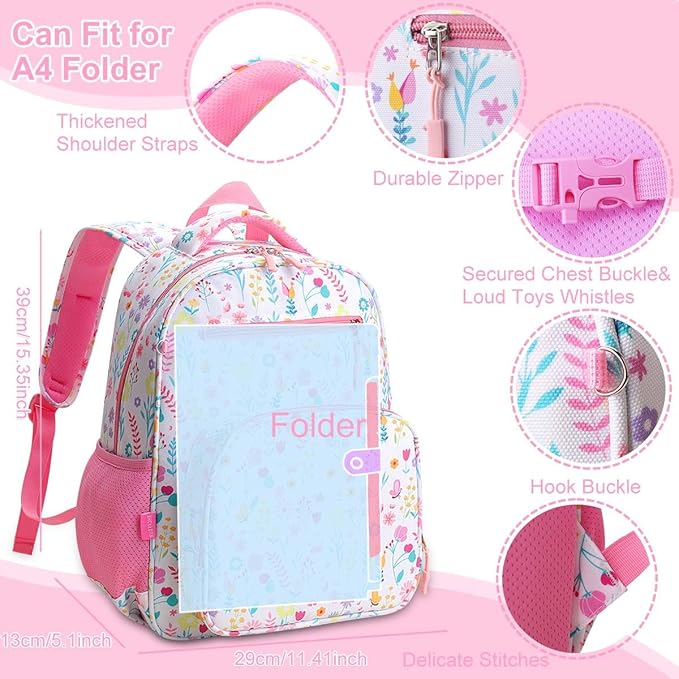 RHCPFOVR Kids Backpack for Girls - Girls Backpack 3-8 Ages Flower for Kids 15 Inch School Bookbag for Kindergarten Elementary School Bookbag for Girl 1st 2nd Grade
