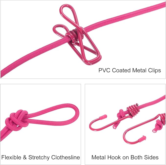 uxcell Travel Clothesline, Portable Clothesline with 12 Clothespins, 1.85M/6.07ft Windproof Stretchy Elastic Laundry Clothes Line for Backyard Hotel Camping Indoor Outdoor, Fuchsia
