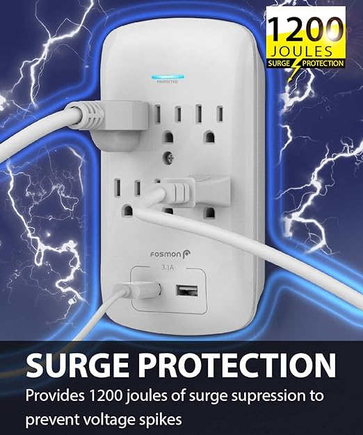 Fosmon 6 Outlet Surge Protector 1200 Joules with 2 USB Ports Charger (3.1A), Multi Plug Outlet Extender 1875 Watt, 3-Prong Grounded Wall Tap Adapter (2 Pack)